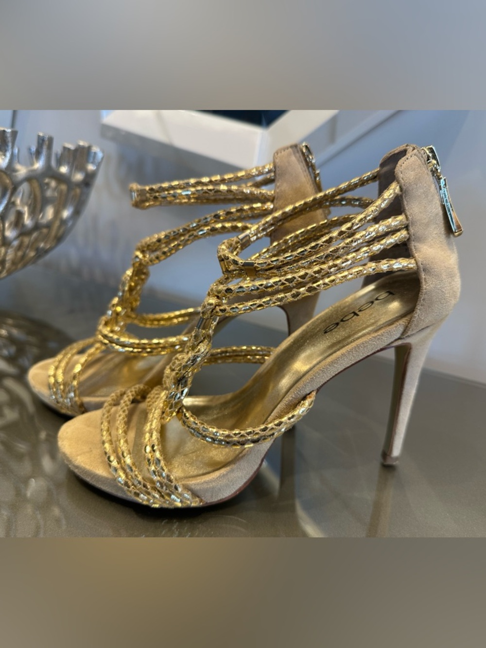 Bebe Y2K Sexy in the City Carry Bradshaw Gold Braided Strappy High Heel Sandals